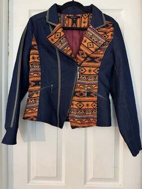 Kaktus Southwestern Aztec Tapestry Denim Moto Jacket Size L